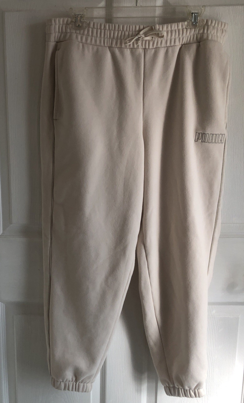 Womens Puma LG Sweatpants joggers Elastic waistband Ribbed ankle Beige cozy